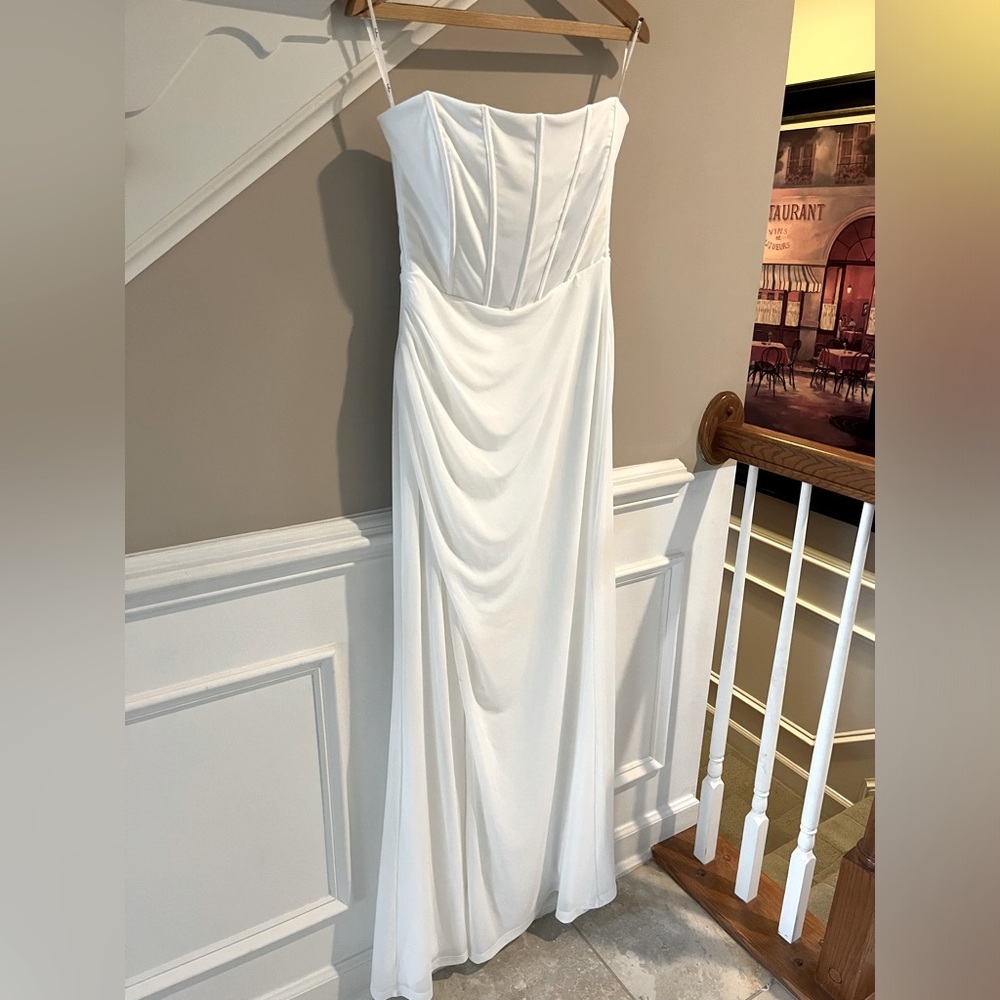 Strapless White Evening Gown with Front Slit - Picture 5 of 13